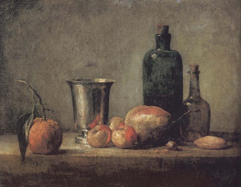 Jean Baptiste Simeon Chardin Orange silver apple pears and two glasses of wine bottles